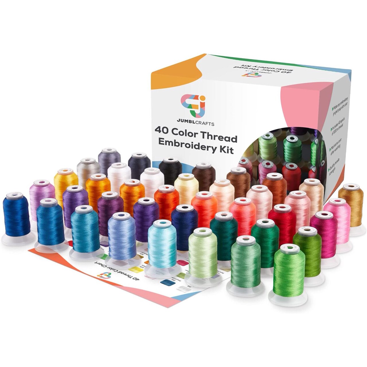 JumblCrafts Embroidery Thread Kit, 40 Large 500M Assorted Spools Polyester Thread for Sewing